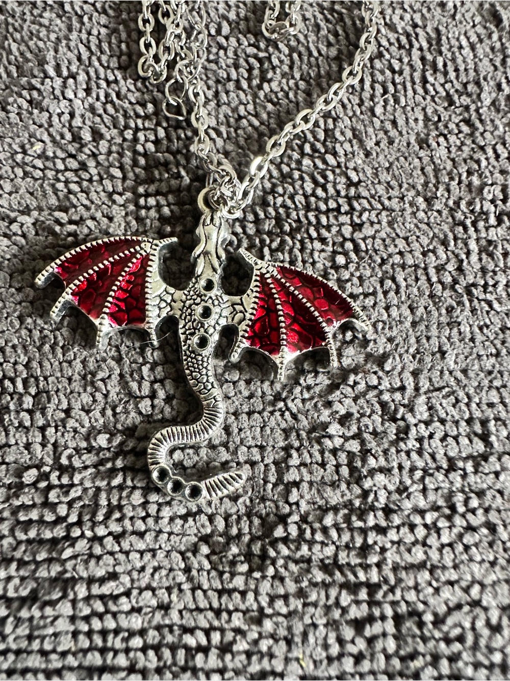 Red Dragon Pendant Necklace — Silver-Tone Fantasy Jewelry